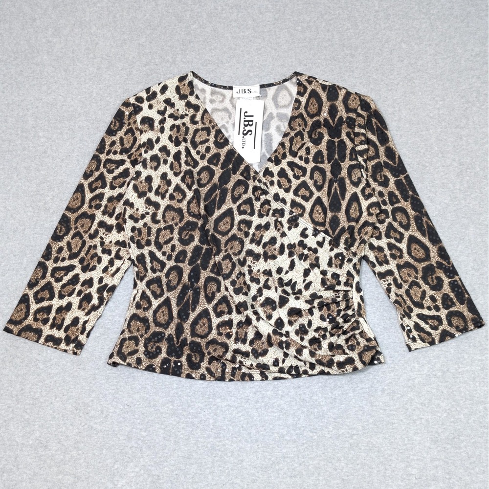 JBS Womens Leopard Print Top Size XL Wrap Sequin Club Retro VTG USA MADE NEW